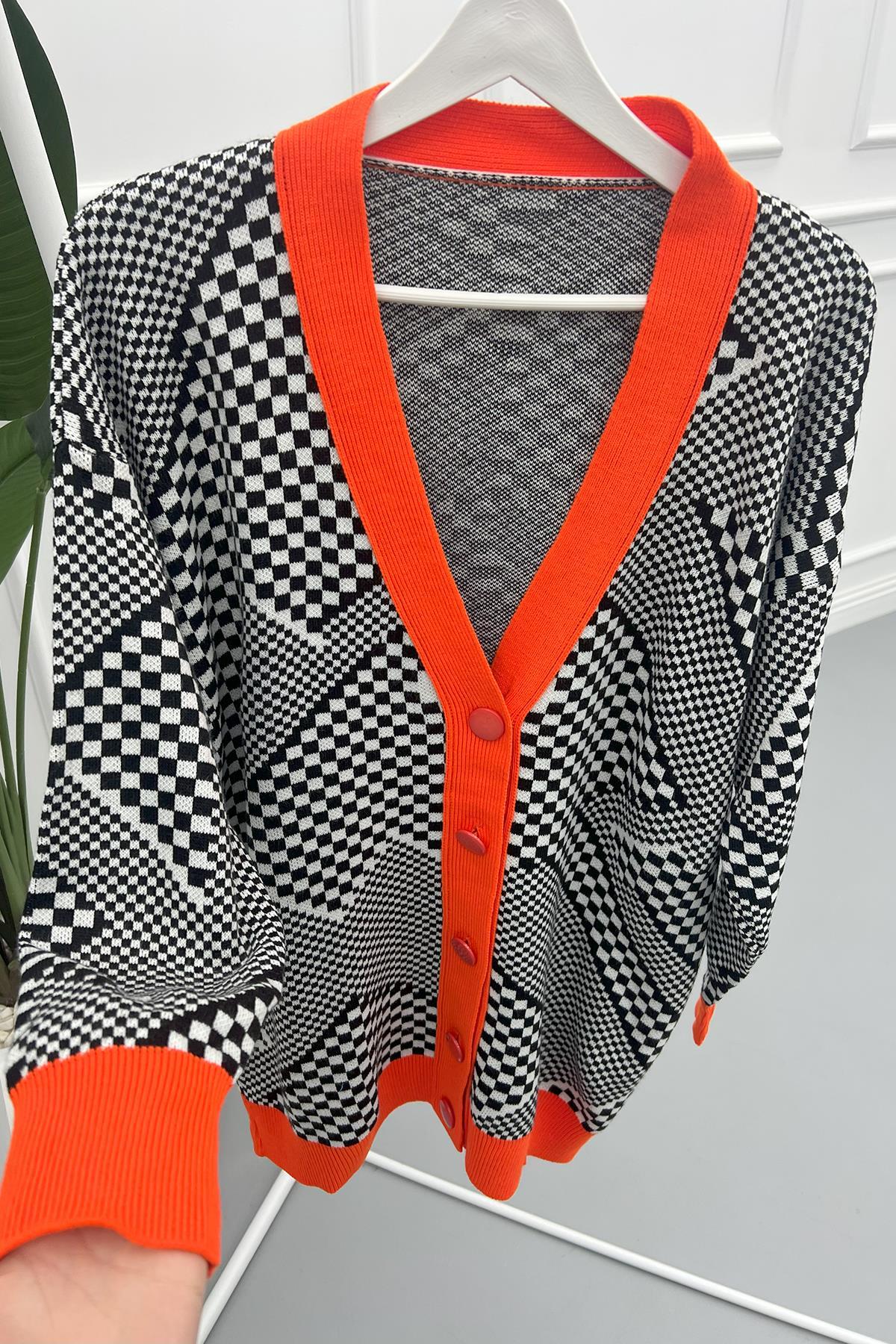 Checkerboard Pattern Knitwear Cardigan Orange