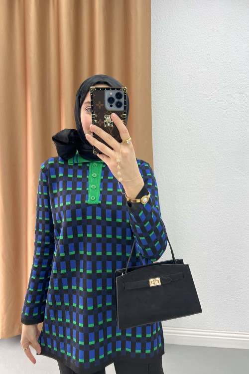 Checkerboard Pattern Knitwear Set Green