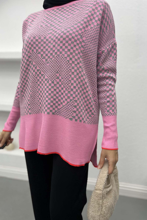 Checkerboard Patterned Knitwear Sweater Pink