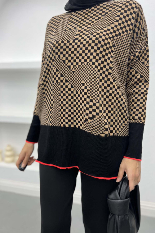 Checkerboard Patterned Knitwear Sweater Milky Coffee