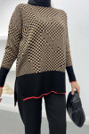 Checkerboard Patterned Knitwear Sweater Milky Coffee