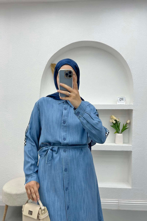 Checkered Tencel Tunic Light Blue