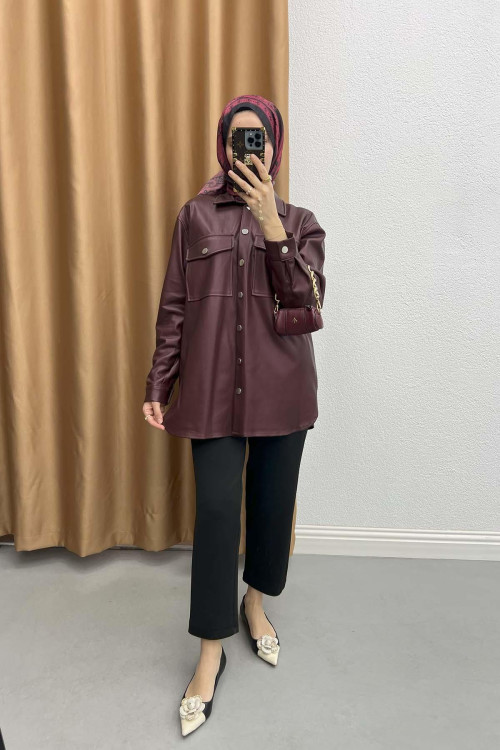 Leather Snap Shirt Claret Red