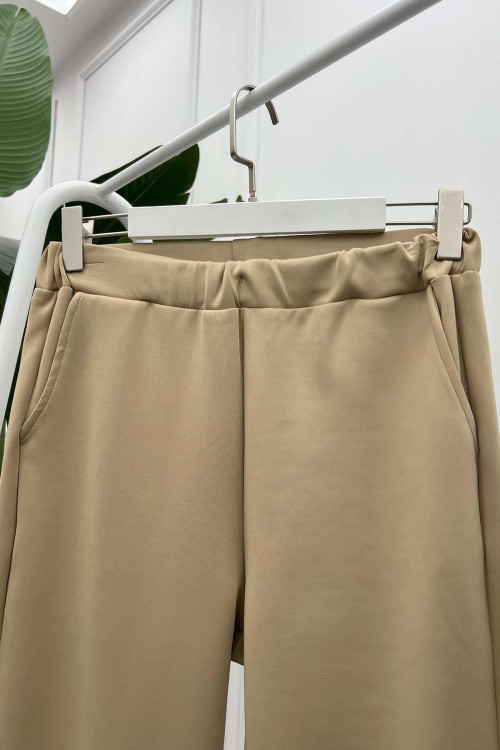 Leather Detailed Scuba Pants Beige