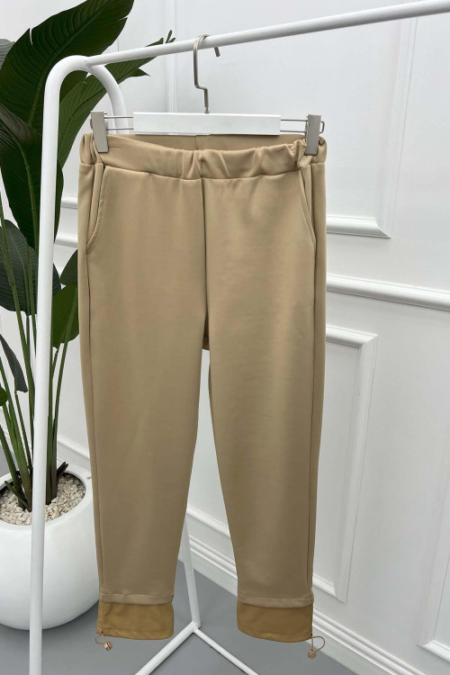 Leather Detailed Scuba Pants Beige