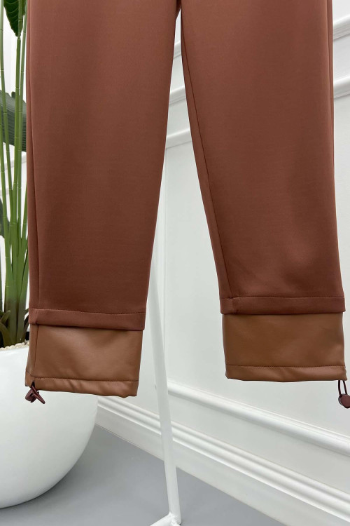 Leather Detailed Scuba Trousers Brown