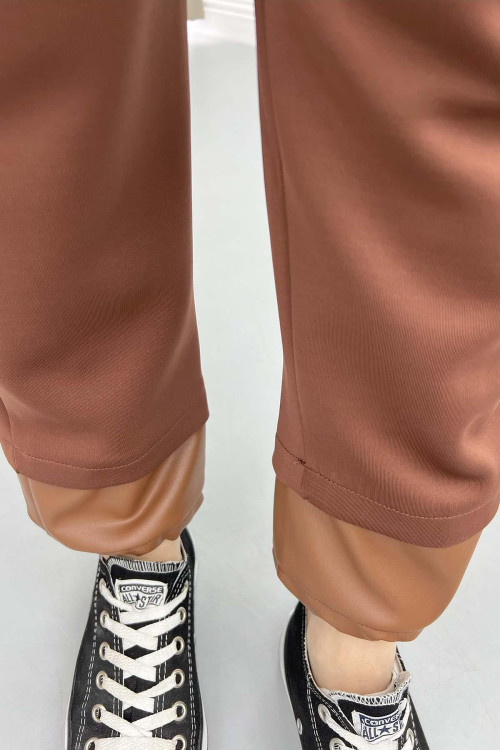 Leather Detailed Scuba Trousers Brown