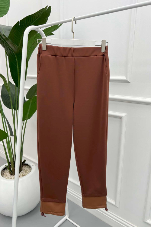 Leather Detailed Scuba Trousers Brown