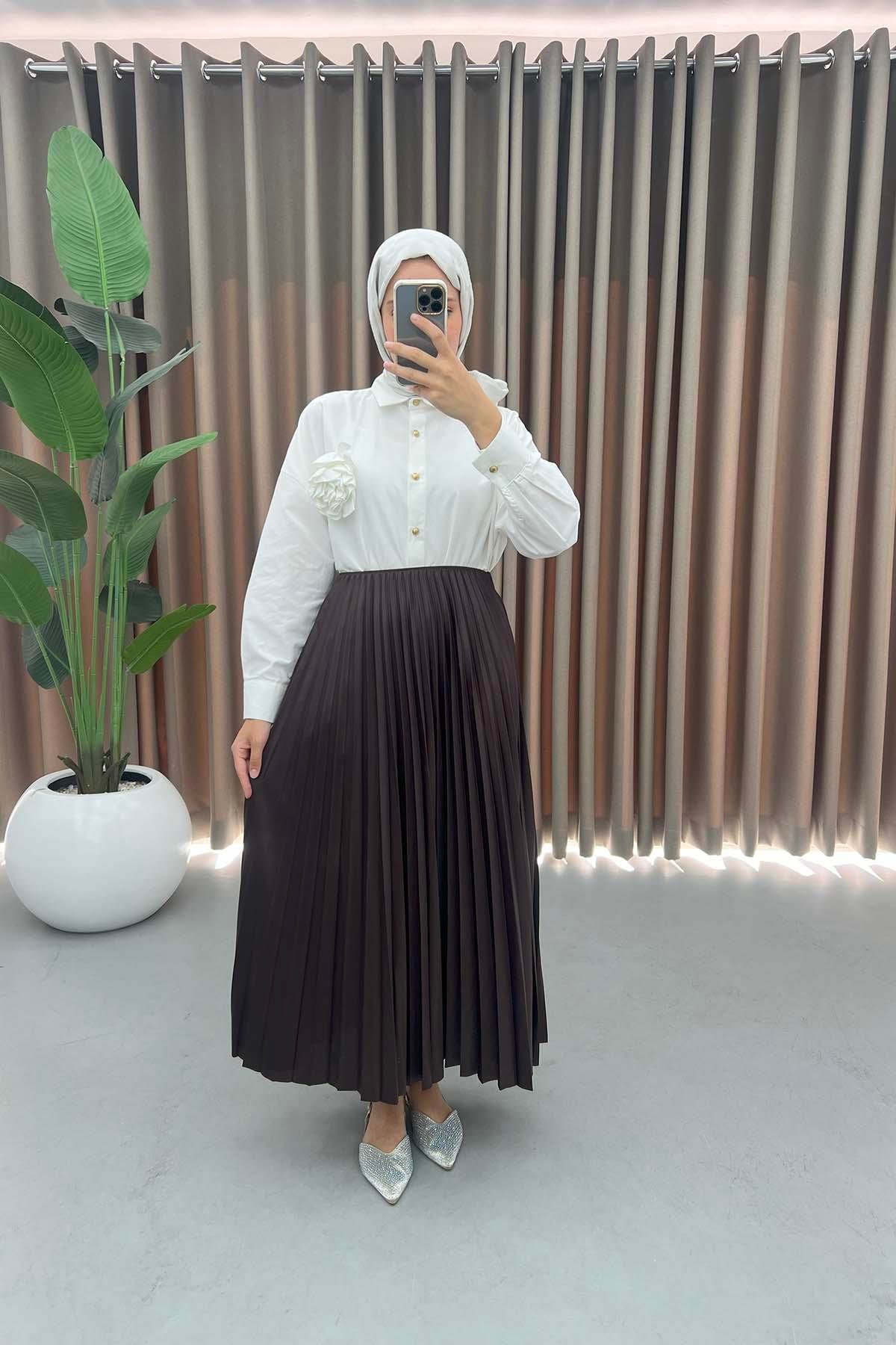 Leather Look Pleated Skirt Bitter Brown