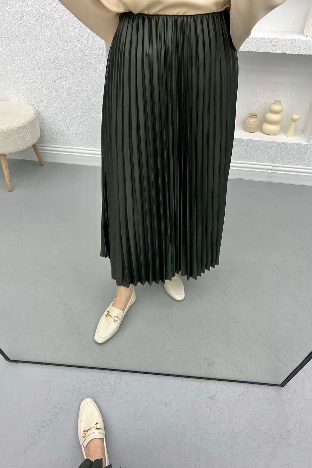 Leather Look Pleated Skirt Khaki