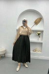 Leather Look Pleated Skirt Khaki