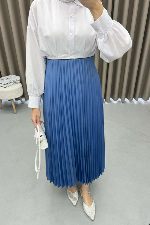 Leather Look Pleated Skirt Indigo