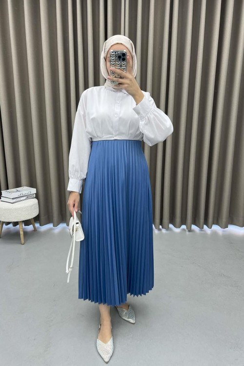 Leather Look Pleated Skirt Indigo