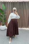 Leather Look Pleated Skirt Brown