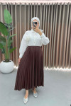 Leather Look Pleated Skirt Brown