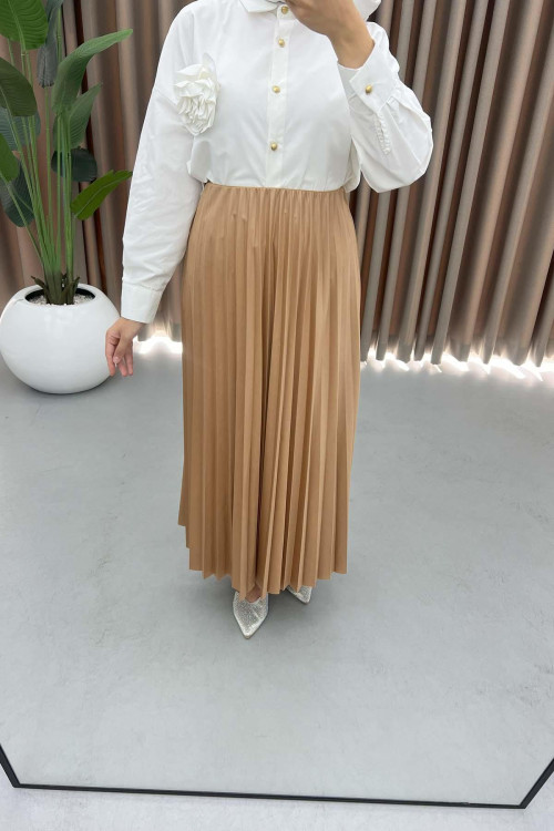 Leather Look Pleated Skirt Milky Coffee