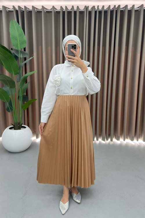 Leather Look Pleated Skirt Milky Coffee