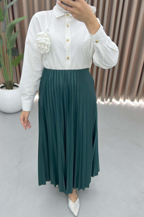 Leather Look Pleated Skirt Emerald Green