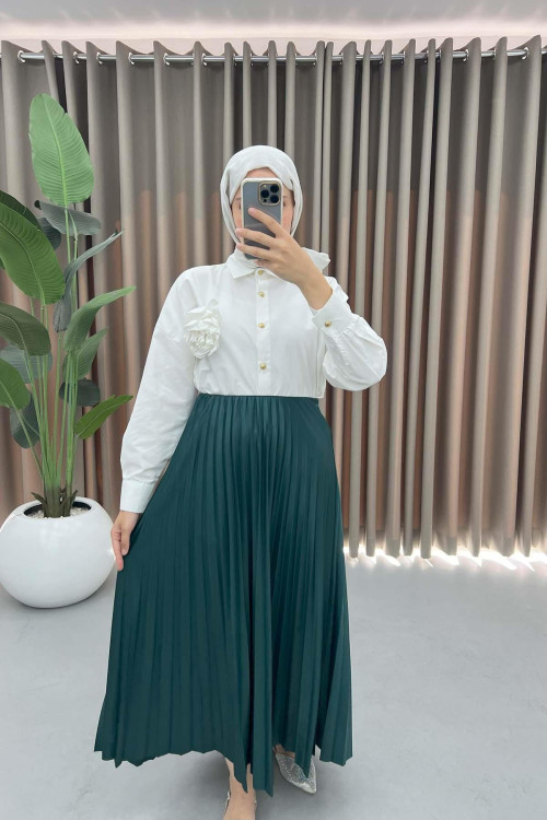 Leather Look Pleated Skirt Emerald Green