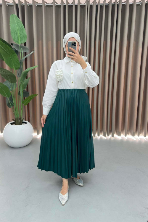 Leather Look Pleated Skirt Emerald Green