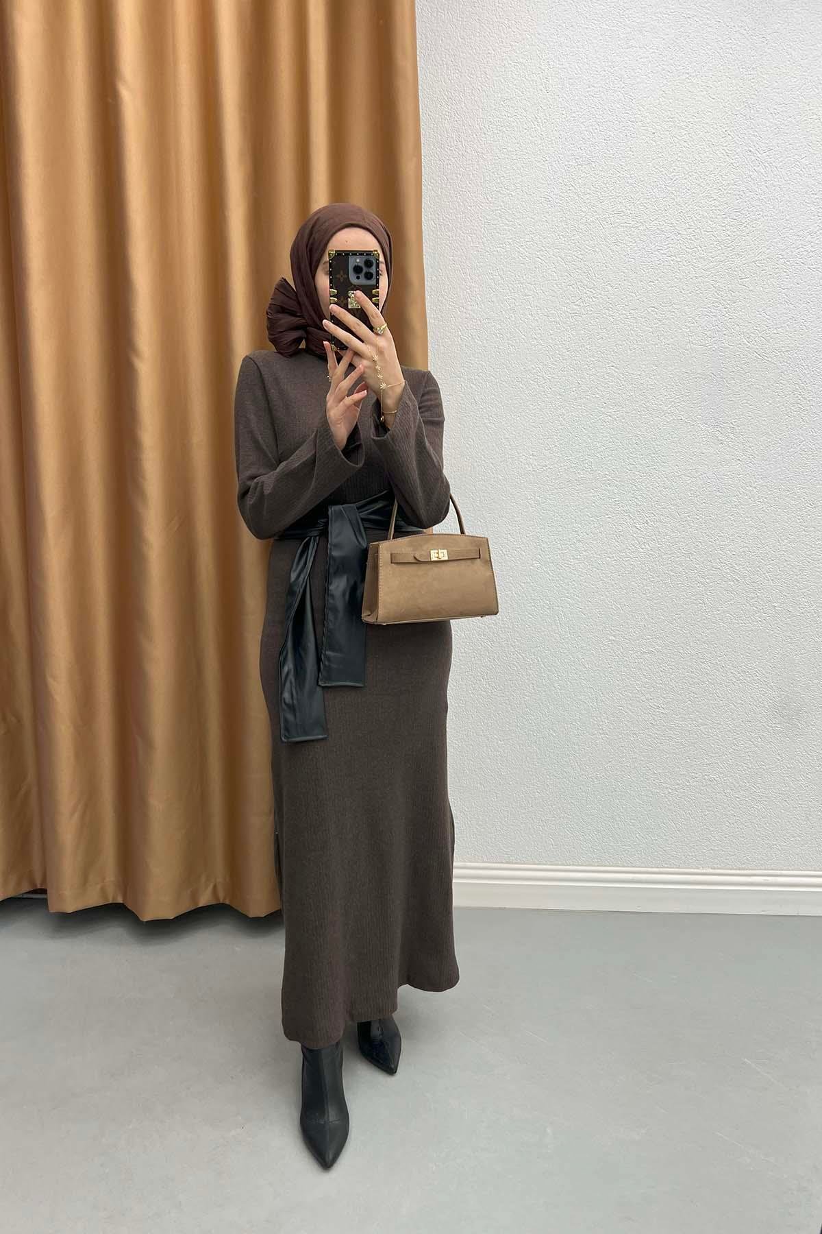 Leather Belted Knit Dress Bitter Brown