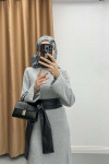 Leather Belted Knit Dress Light Gray