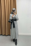 Leather Belted Knit Dress Light Gray