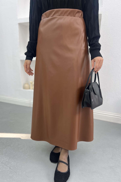 Leather Flared Skirt Brown