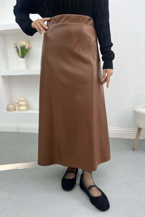 Leather Flared Skirt Brown