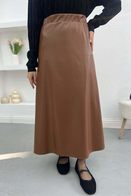 Leather Flared Skirt Brown