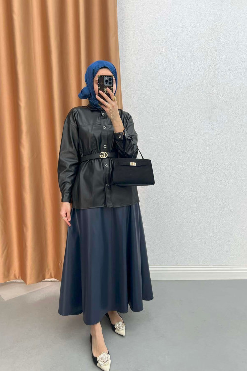 Leather Flared Skirt Navy Blue