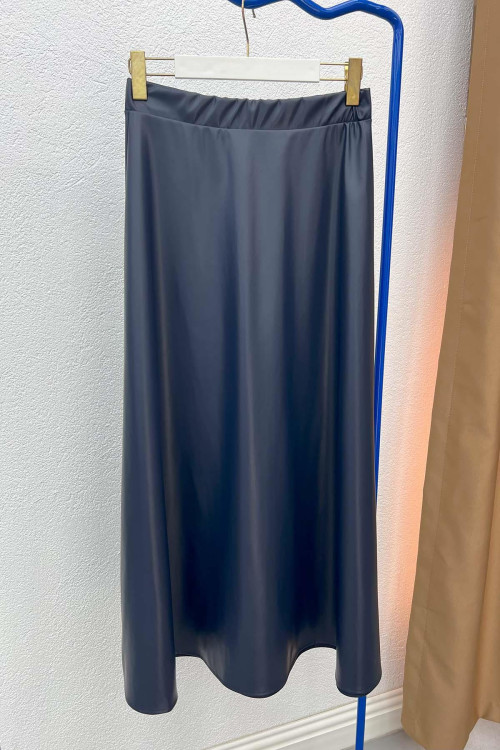 Leather Flared Skirt Navy Blue