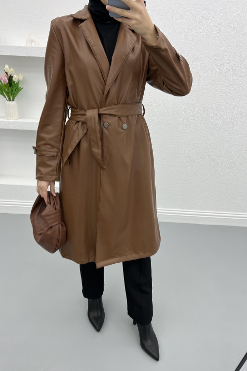 Leather Trench Coat Brown