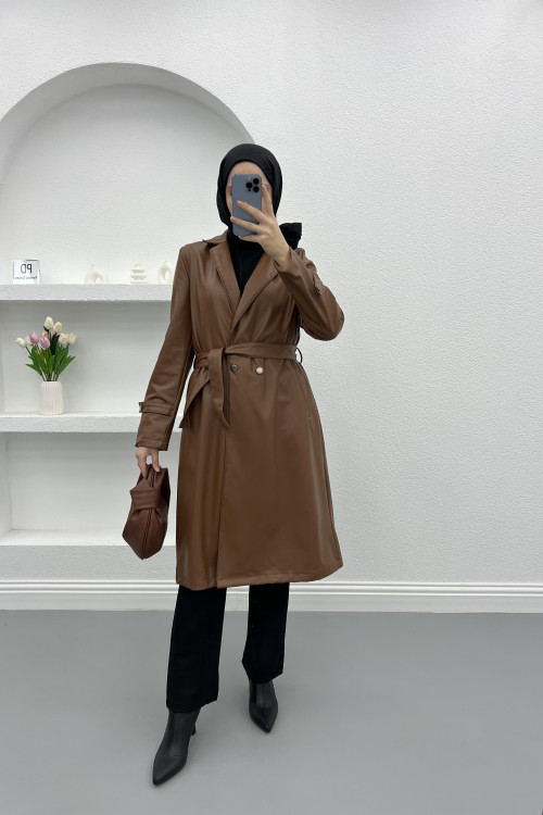 Leather Trench Coat Brown