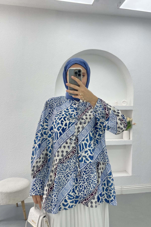 Patterned Tie Blouse Navy Blue