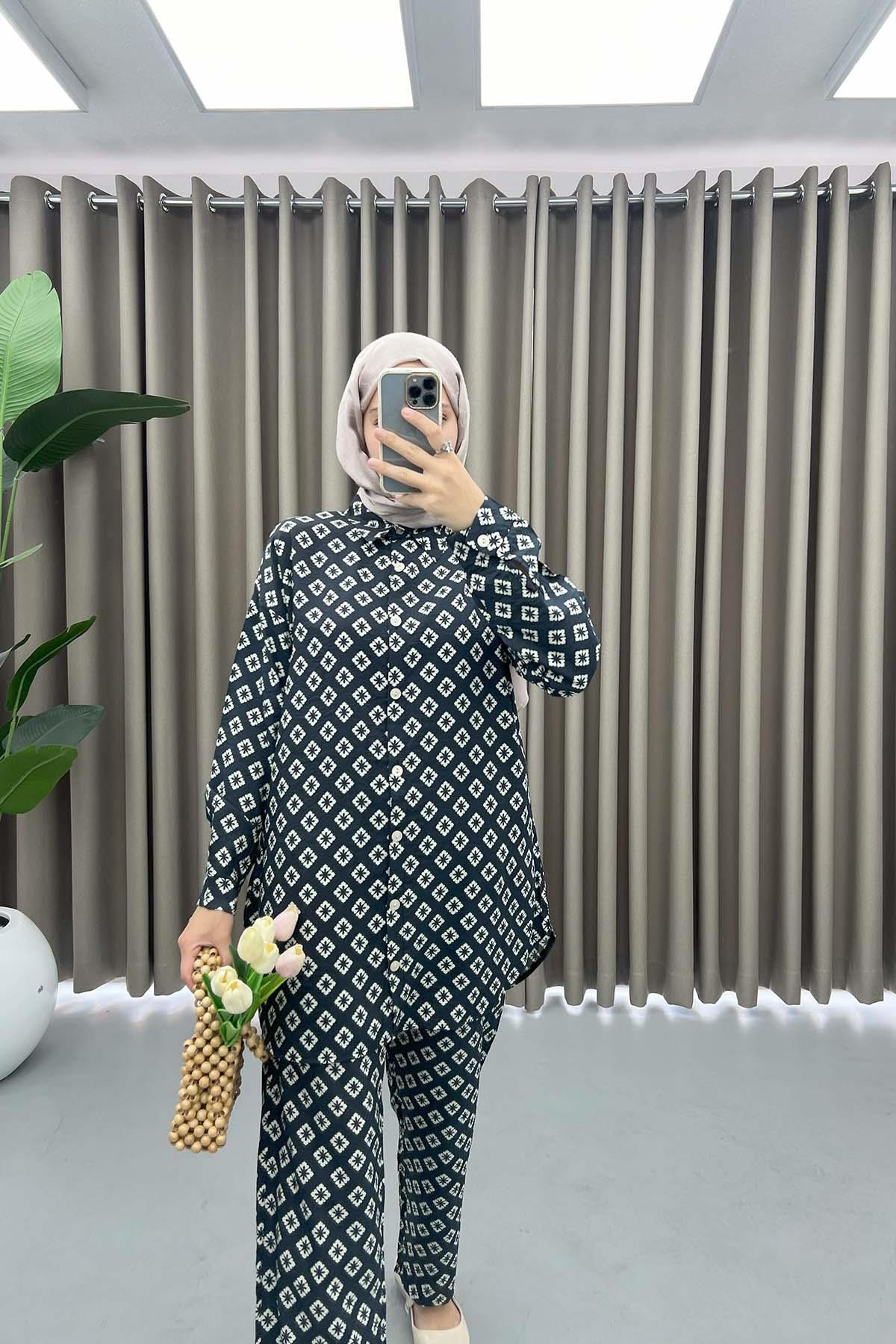 Patterned Shirt Set Black