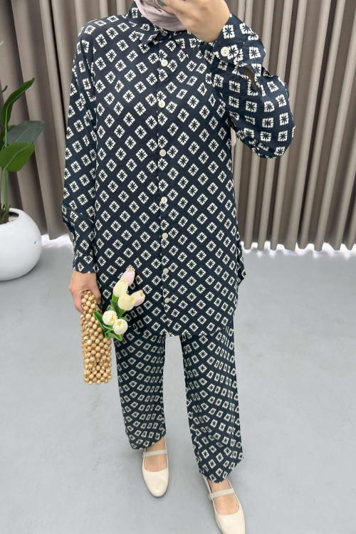 Patterned Shirt Set Black