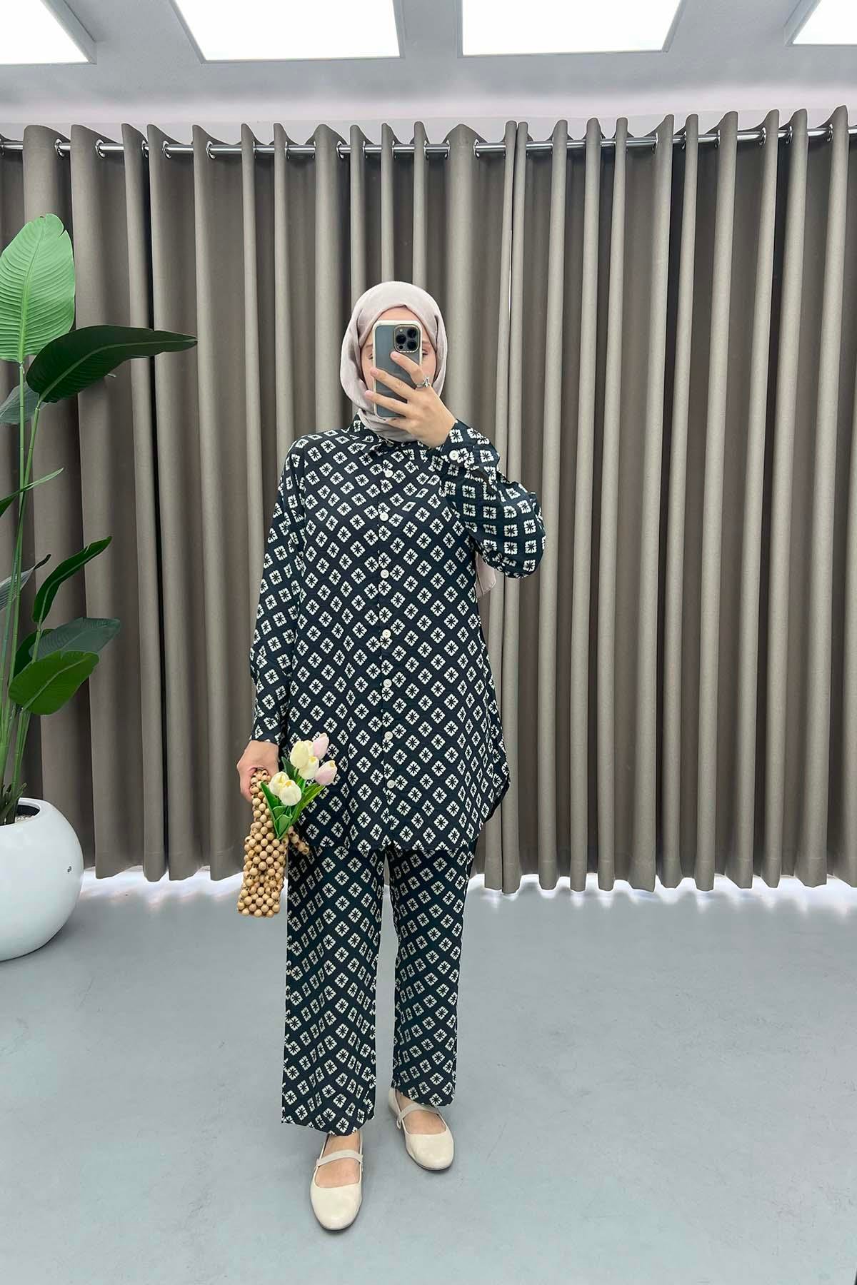 Patterned Shirt Set Black