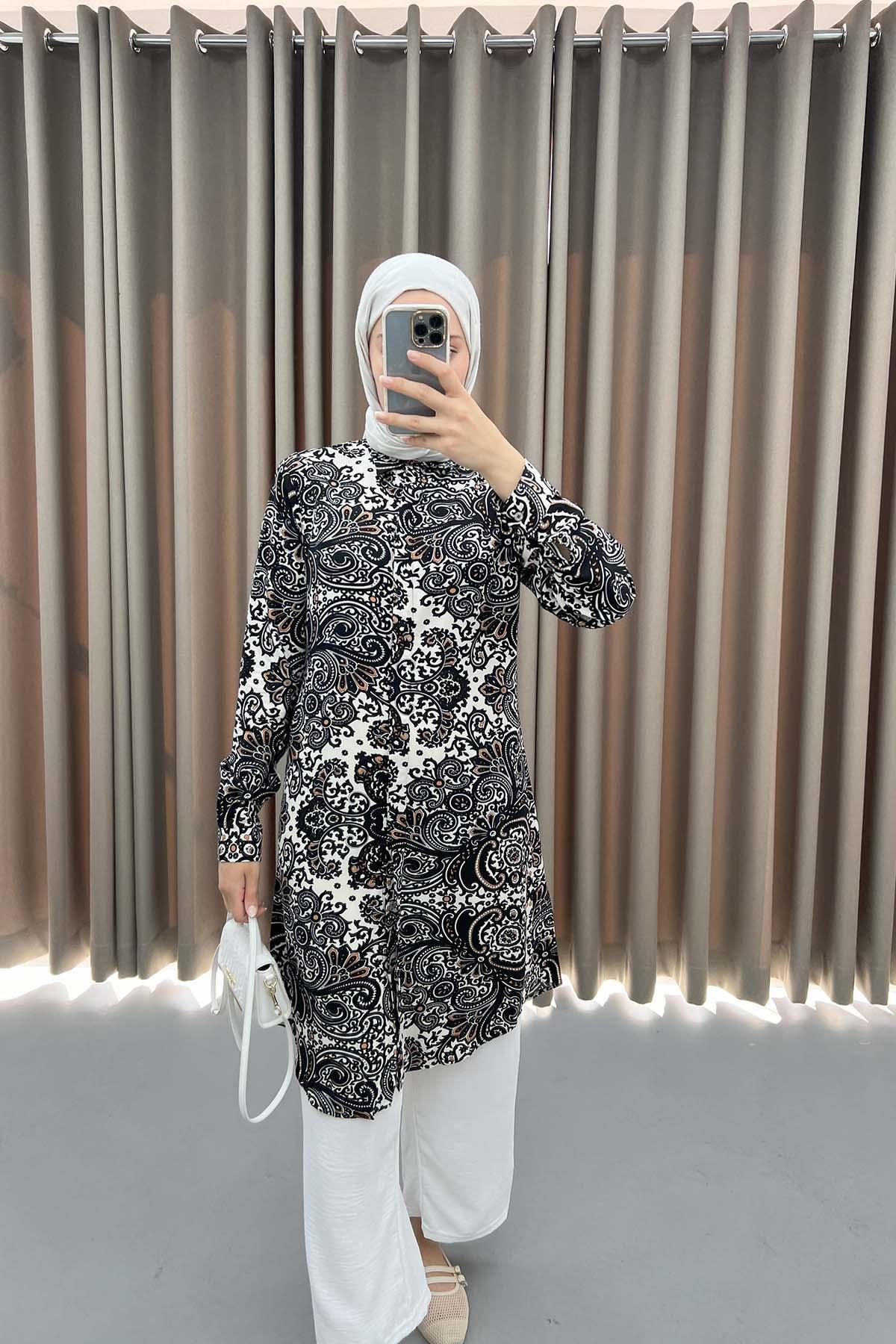 Patterned Shirt Tunic Black