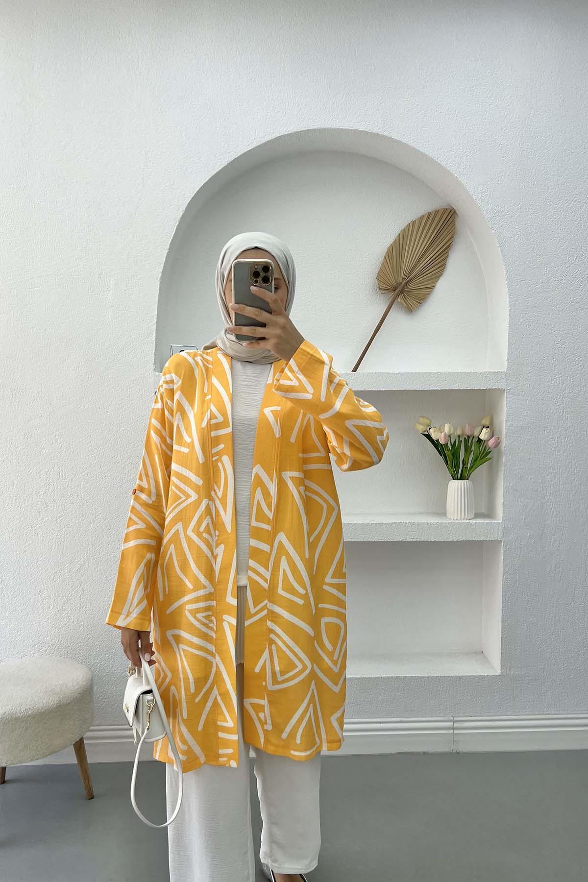 Patterned Linen Kimono Mustard Yellow