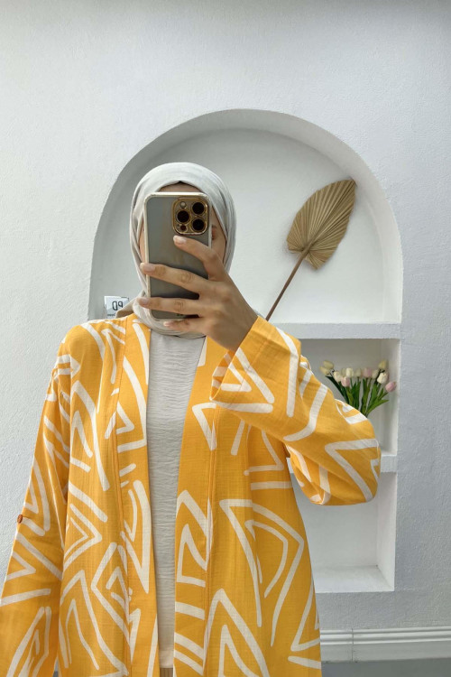 Patterned Linen Kimono Mustard Yellow