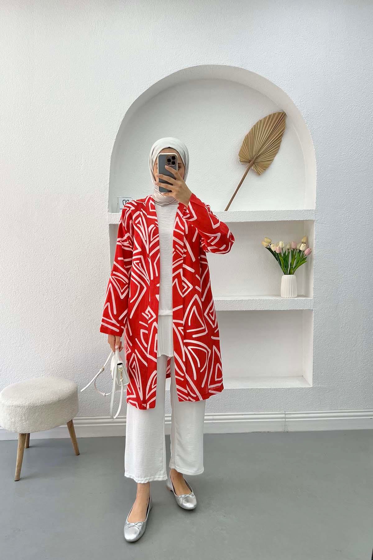 Patterned Linen Kimono Red