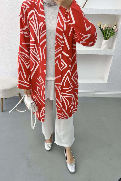 Patterned Linen Kimono Red