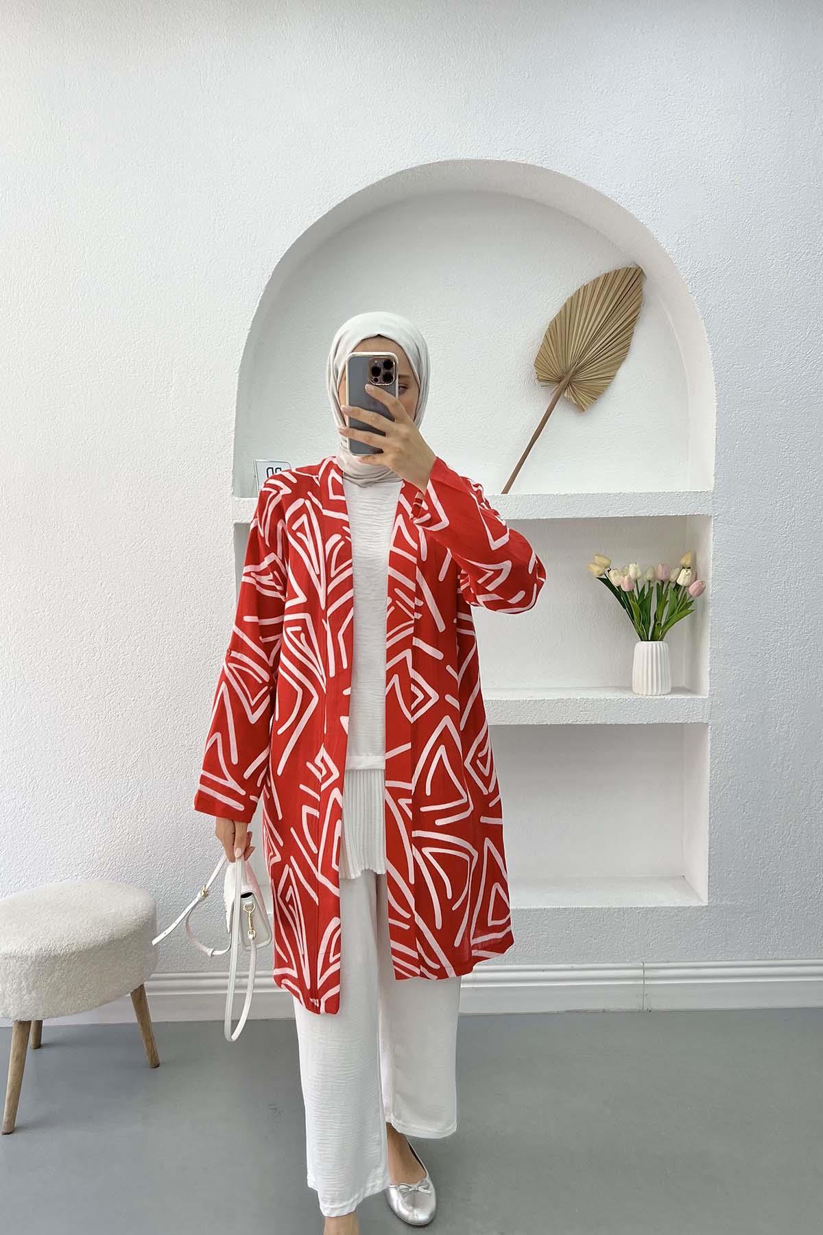 Patterned Linen Kimono Red