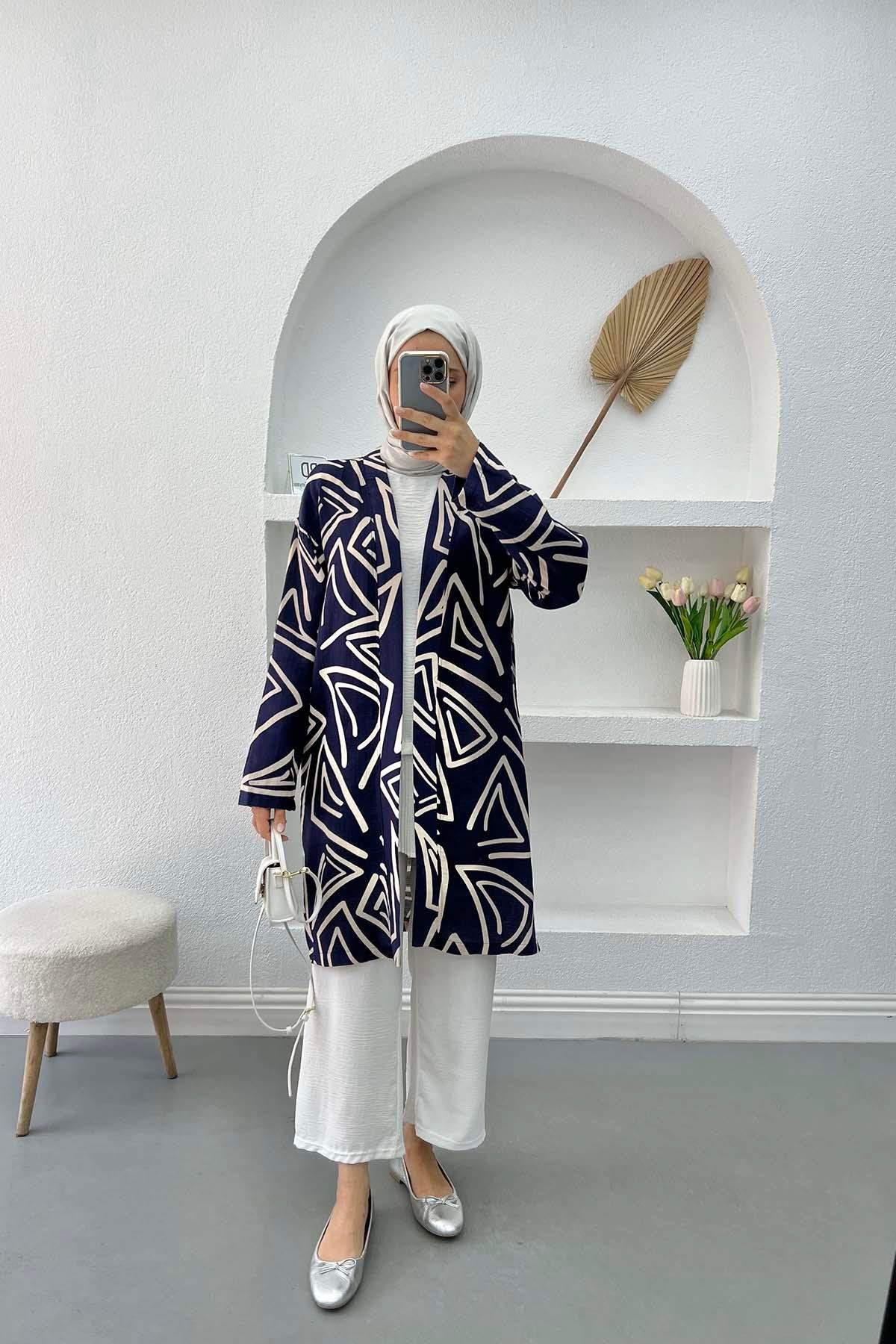 Patterned Linen Kimono Navy Blue