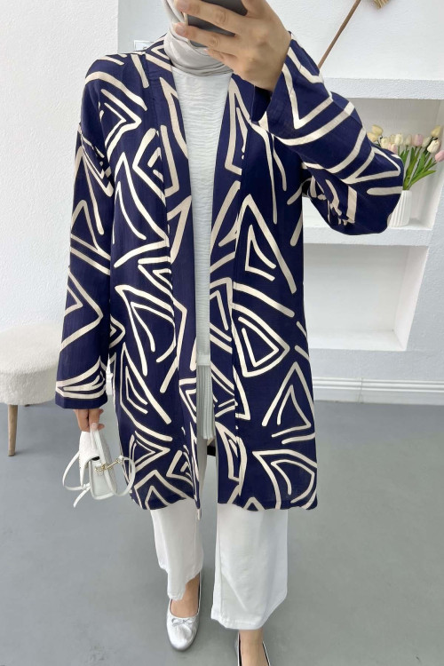 Patterned Linen Kimono Navy Blue