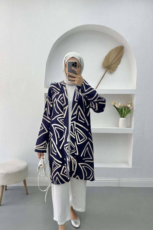 Patterned Linen Kimono Navy Blue