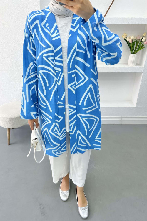 Patterned Linen Kimono Blue