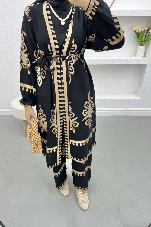 Patterned Kimono Set Camel