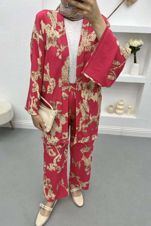 Patterned Kimono Suit Fuchsia